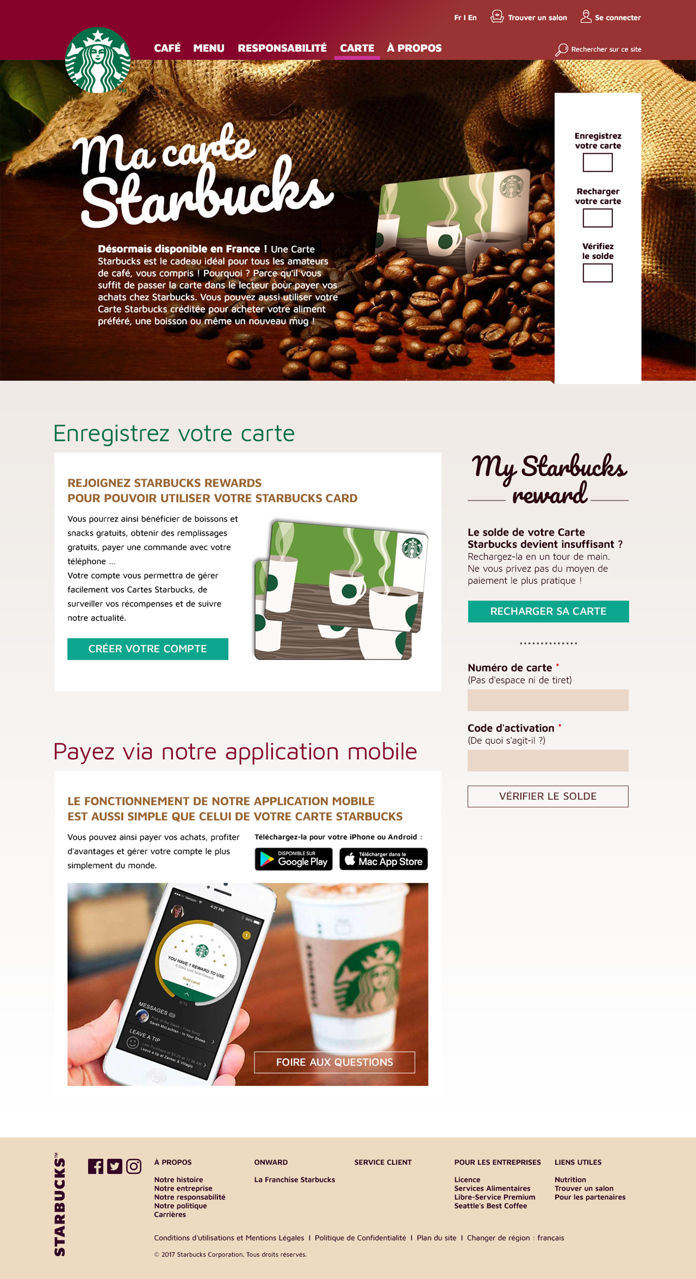 Page "Carte" du site Starbucks